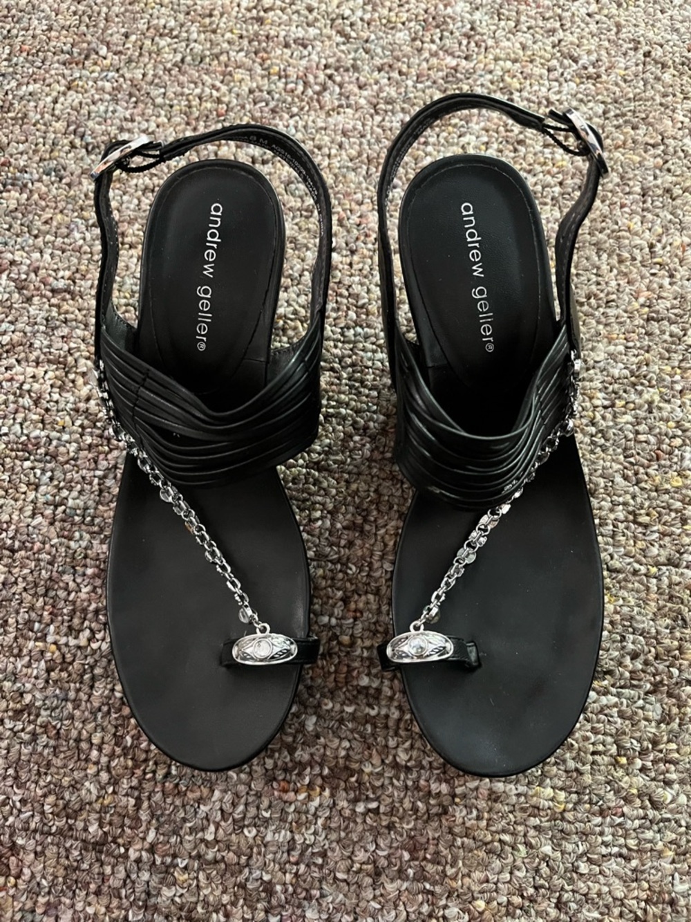 Andrew Geller Black Chain-Detail Toe-Ring Sandals